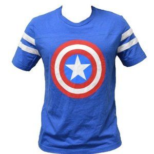 Marvel Comics Men's Captain America Shield Raglan Stripe Sleeve Royal Blue Shirt